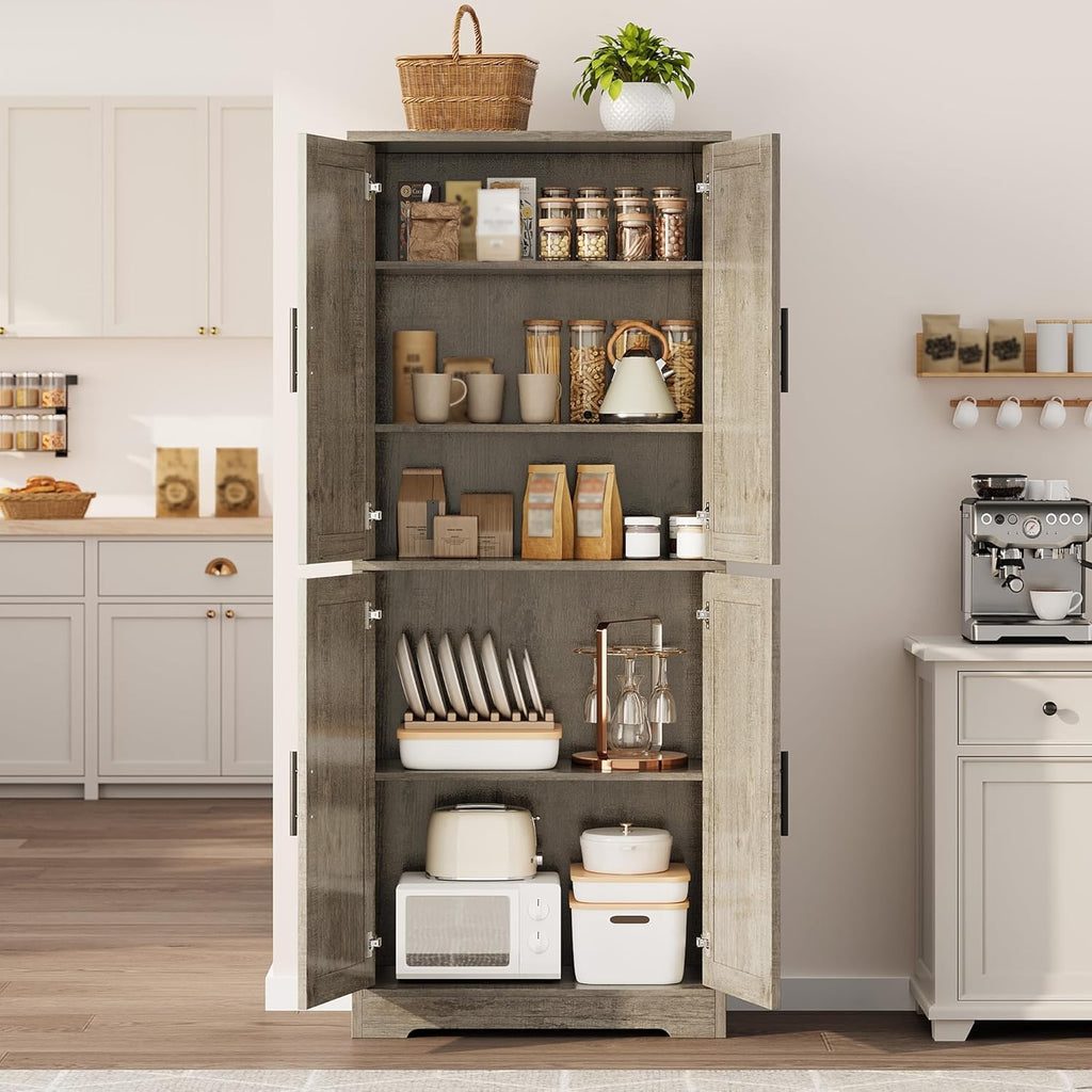 70" Tall Kitchen Pantry Cabinet with 4 Doors and Adjustable Shelves,Farmhouse Freestanding Storage Cabinet for Kitchen,Bathroom, Dining Room, Living Room,Gray