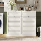 Double Tilt Out Laundry Hamper Cabinet, 30 Gallon Trash Can Cabinet with Shutter Front & 2 Drawers, Hidden Garbage Can Bin Cabinets with 2 Laundry Storage Basket for Bathroom, Kitchen (White, Full)