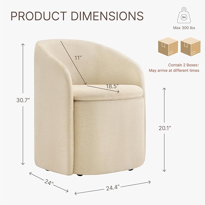 Upholstered Dining Chairs with Casters, No Assembly Rolling Modern Dining Room Chairs with Hidden Storage & Barrel Backrest, Accent Chair for Bedroom, Living Room, Dressing, Sand, Set of 2