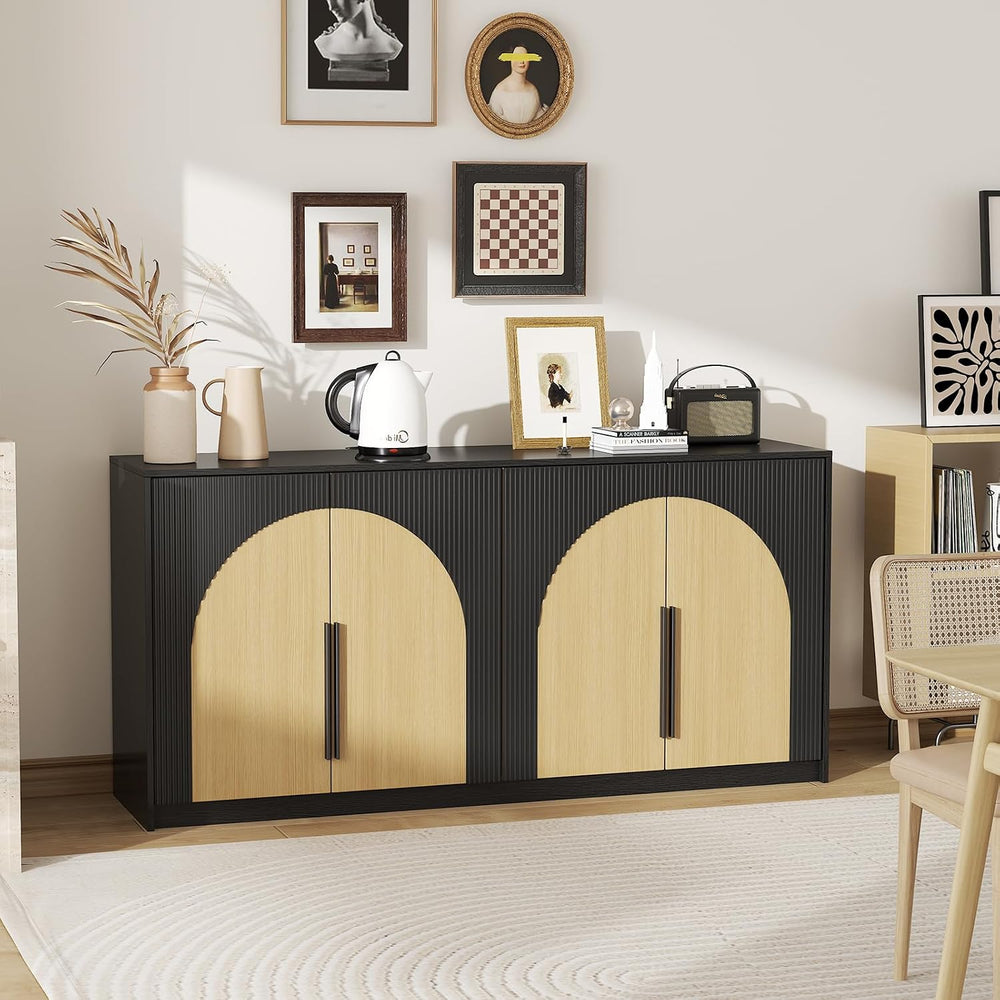 65 Inch Fluted Buffet Cabinet with Storage Symmetrical Arc Accent Sideboard L...