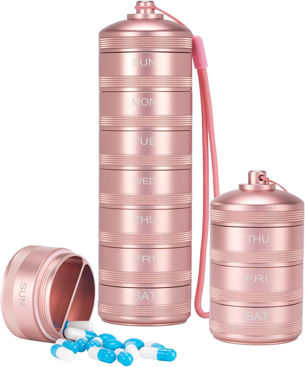 XHT Pink Weekly Metal Pill Organizer 7 Day 2 Times a Day – Aesthetic Waterproof AM PM Travel Pill Box, Heavy Duty Pill Holder and Medicine Pill Organizer for Vitamins, Fish Oil & Supplements