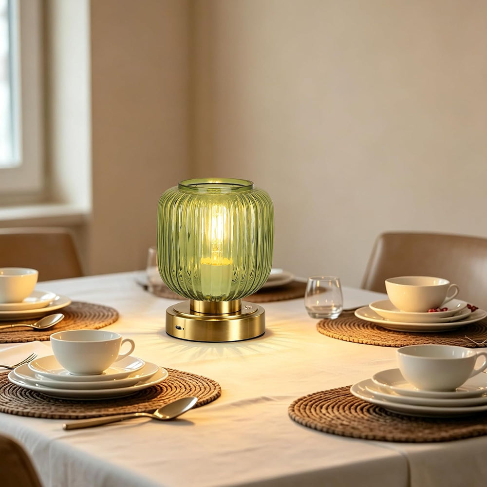 Cordless Table Lamp for Living Room, Small Green Glass Lamp for Bedroom