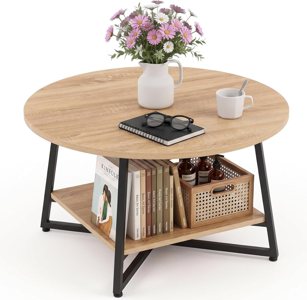 YANPU Round Coffee Table, 2-Tier Wood Coffee Table with Storage Shelf, Modern...