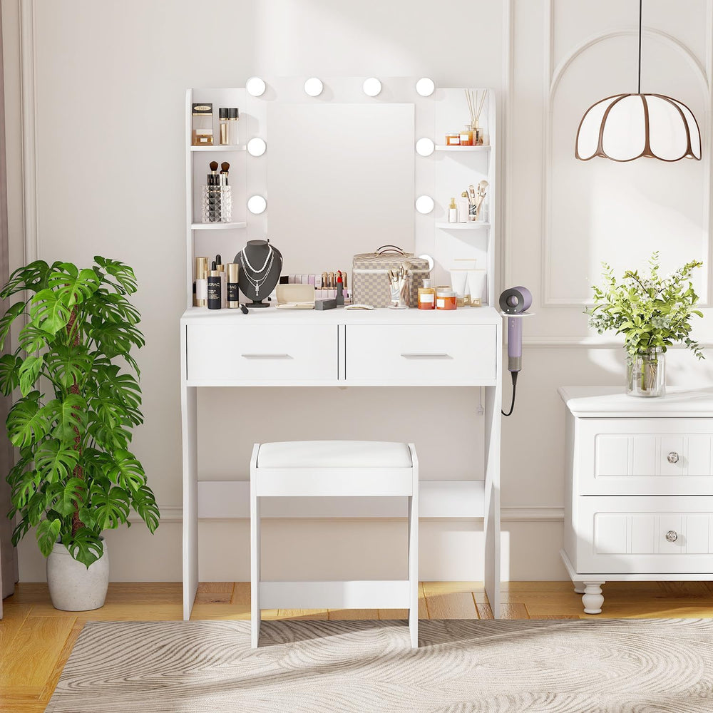 ‌FDW Vanity Desk with Mirror and Lights, 2-Drawer Makeup Vanity Desk with 3 A...