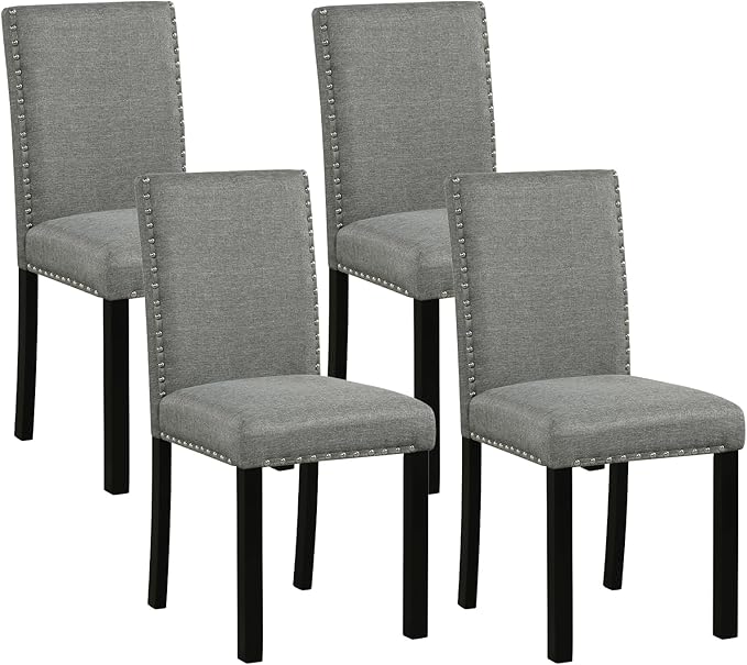 Giantex Dining Chairs Set of 4, Fabric Upholstered Parsons Kitchen Chair w/Nailhead Trim,Solid Rubber & Bent Wood Legs, Thick Padded Seat, Armless Side Chairs for Living Dining Room Restaurant, Grey