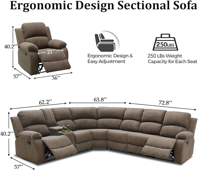 Manual Recliner Sectional Sofa Set, L-Shaped Living Room Furniture Sets, Reclining Sectional Corner Couch and 2 Reclining Chairs Set for Home Office (Peanut, Sectional + 2 Chairs)