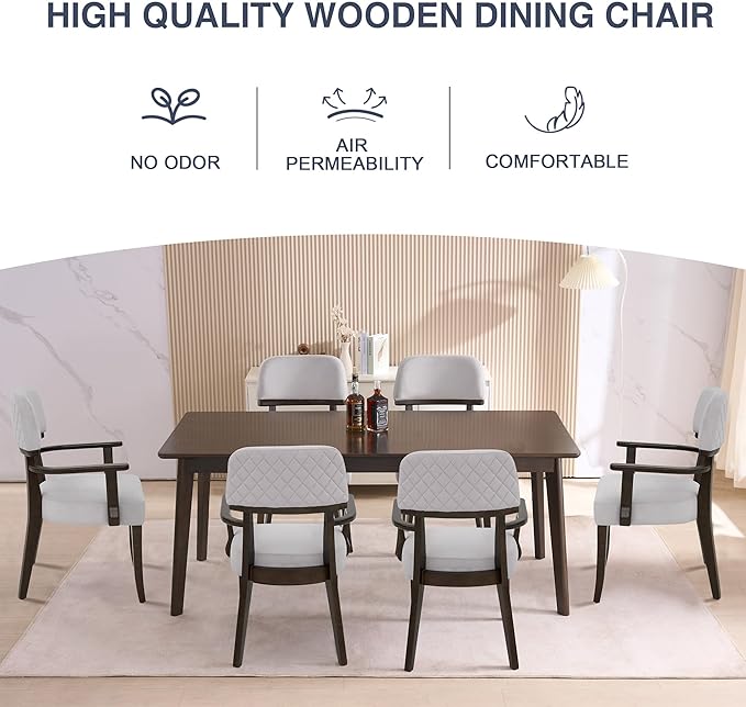 Modern Wood Dining Chairs with Arms Set of 6, Velvet Upholstered Kitchen Chairs with Open Curved Backrest & Black Hardwood Legs, Accent Chairs 350 LBS Capacity, Grey