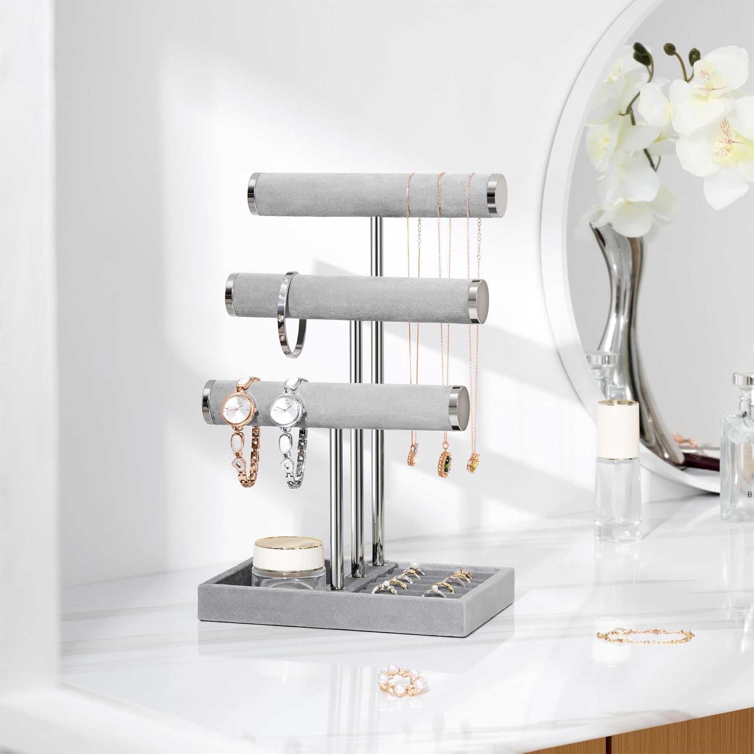 3 Tier Bracelet Holder Display - Detachable T Bar Grey Velvet Bracelet Holder, Jewelry Holder Organizer for Bracelet, Necklace, Earrings, Rings