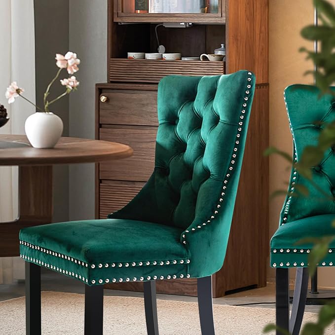 Velvet Upholstered Dining Chairs Set of 2, Modern Style Kitchen Side Chairs with Nailhead Trim and Wood Legs,Metal Pulling Ring for Dining Room Living Room