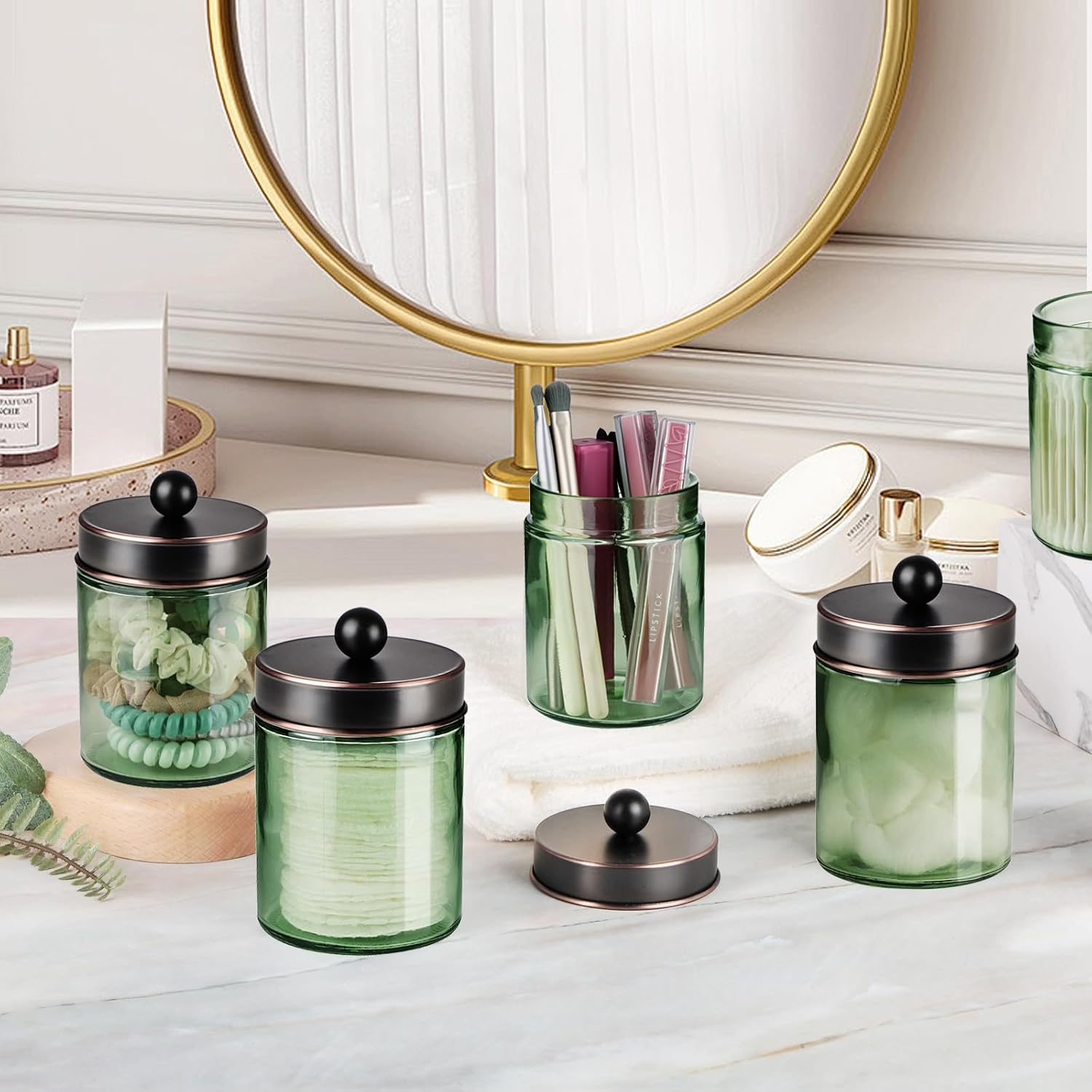 Amolliar Sage Green Apothecary Glass Jar With Metal Lid & Stickers, Bathroom Qtip Holder Storage Canister, Farmhouse Decor for Cotton Balls, Cotton Swabs, Makeup Pads, Bath Salt, Floss, ORB 2 Pack