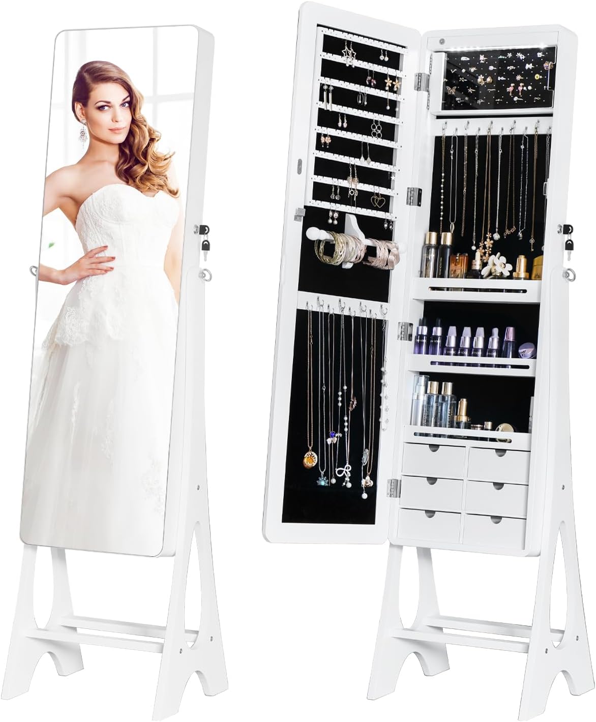 Full Length Mirror Jewelry Armoire Cabinet Standing Organizer | Lockable Jewelry Storage for Women Girl Full-Length Frameless LED Lights 6 Drawers White
