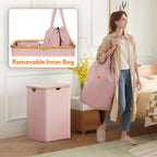 Lifewit 150L Laundry Basket with Lid, Clothes Hampers for Laundry with Bamboo Handles and 2 Removable Bags, Large Foldable Laundry Hamper for Bedroom, Bathroom, Dorm, Pink