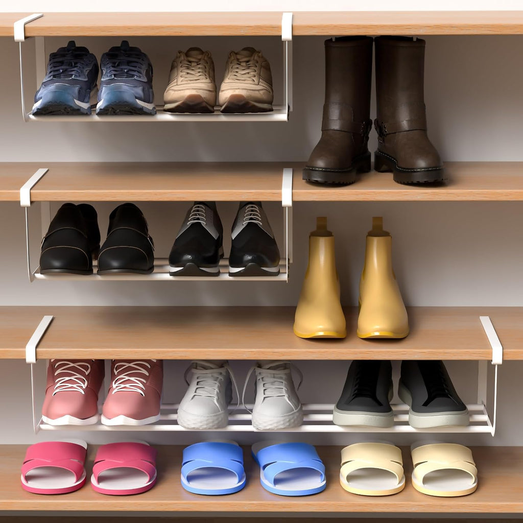 CroBlissful 2 Pcs Expandable Shoe Rack Organizer for Closet 16.5-31.5 Inch Adjustable Retractable Hanging Cabinet Shoe Shelf Dorm Room Storage for Space Saving (White)
