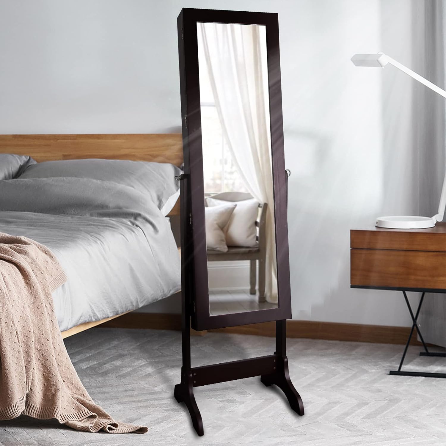 Uten Jewelry Armoire with Mirror, Lockable Large Jewelry Cabinet with Standing Mirror Jewelry Holder Organizer Storage, 4 Angle Adjustable, Perfect Christmas Gift (Brown)
