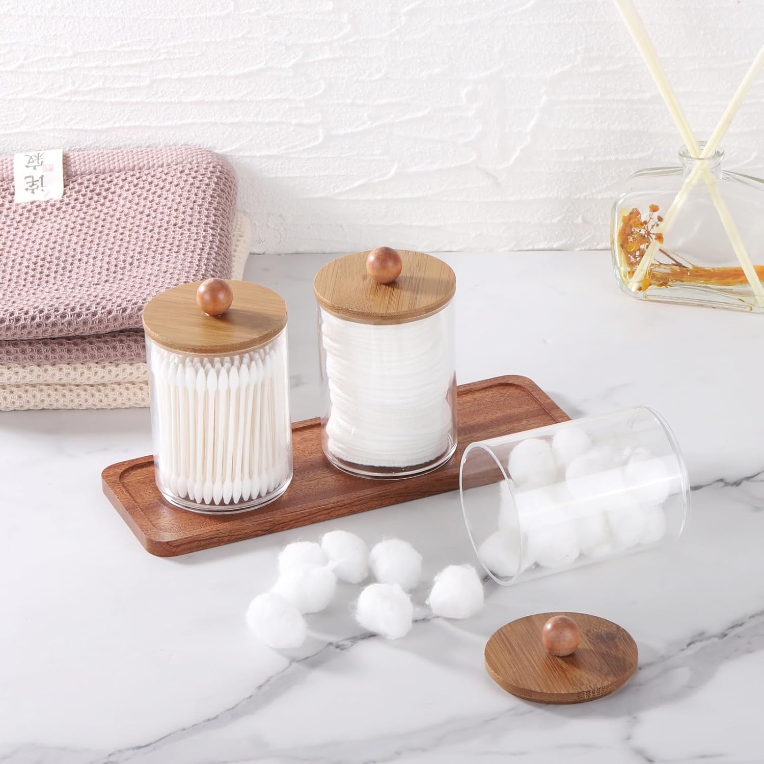 Tbestmax Qtip Holder with Vanity Tray, Clear Bathroom Containers Dispenser for Storage Cotton Swab/Ball/Pad Holder Wood Lids