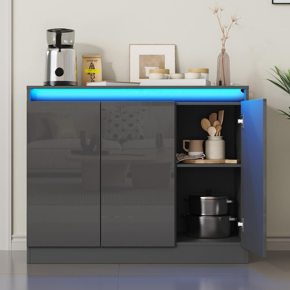 Furnify High Gloss Buffet Cabinet with LED Lights, Modern Sideboard Coffee Ba...