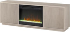 Henn&Hart Fluted TV Stand for TVs up to 75" with 26" Electric Crystal Rocks Fireplace and Ribbed Side Storage Cabinets for Living Room, Family Room, or Office, Beech White