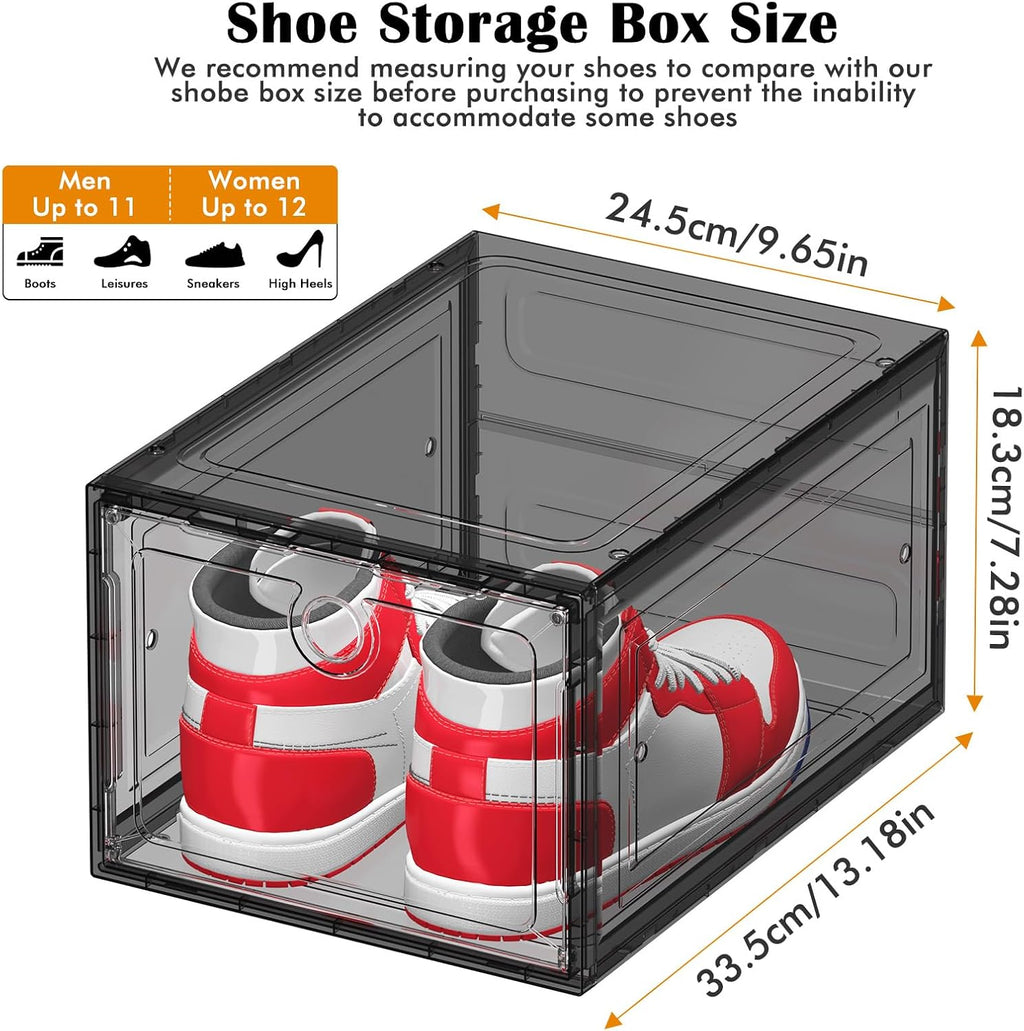 6 Pack Upgrade Harder Shoe Organizer, Shoe Storage with Magnetic Front Door, Clear Shoe Boxes Foldable Space-Saving Shoe Rack for Sneaker Boot Container, Black