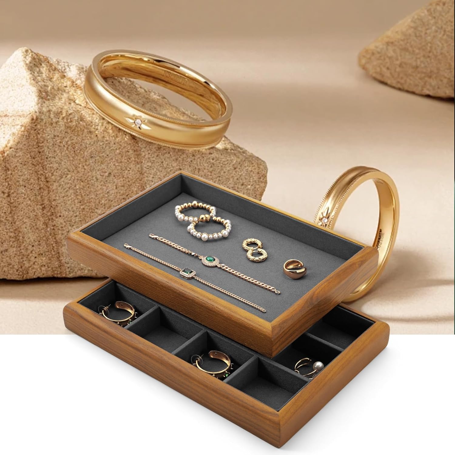 Oirlv Solid Wood 12 Grid Liner Pendant Jewelry Organizer Tray Jewelry Drawer Organizer(Grey)