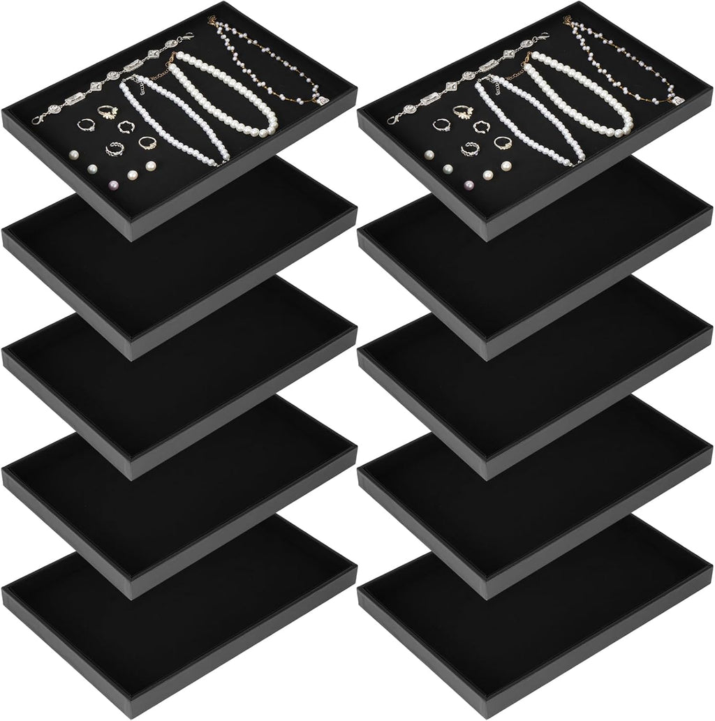 10 Pcs Velvet Stackable Jewelry Tray Showcase Display Jewelry Organizer Tray for Drawers Countertop, Empty Plate for Necklace, Ring, Bracelet Organizing, and Earring Storage Display (Black)