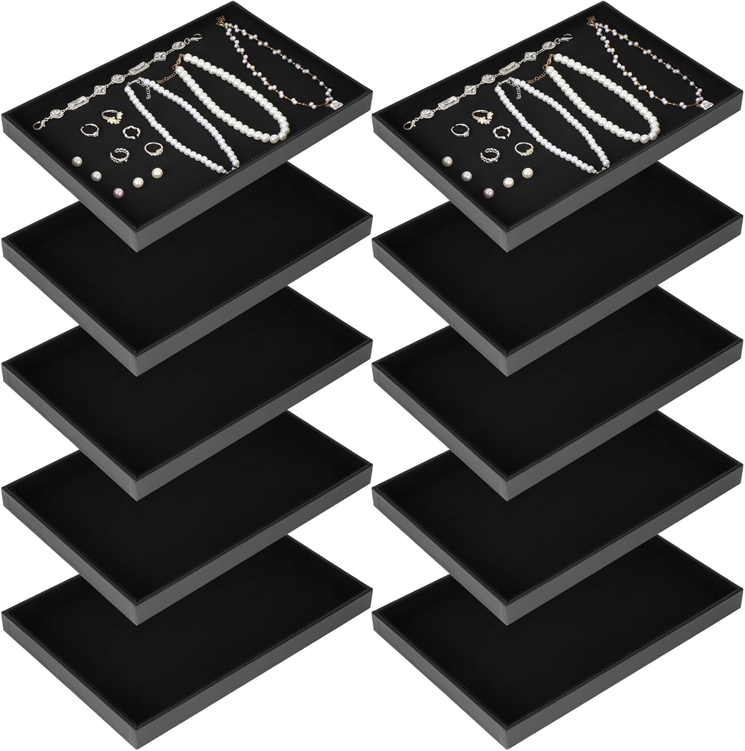 10 Pcs Velvet Stackable Jewelry Tray Showcase Display Jewelry Organizer Tray for Drawers Countertop, Empty Plate for Necklace, Ring, Bracelet Organizing, and Earring Storage Display (Black)
