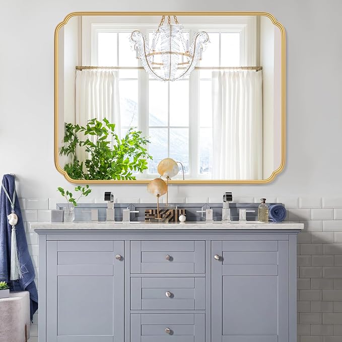 30" x 40"Gold Bathroom Mirror for Over Sink, Modern Rounded Corner Rectangle Wall Mirror for Bathroom Vanity Decorative with Non-Rusting Iron Metal Framed (Horizontal/Vertical)