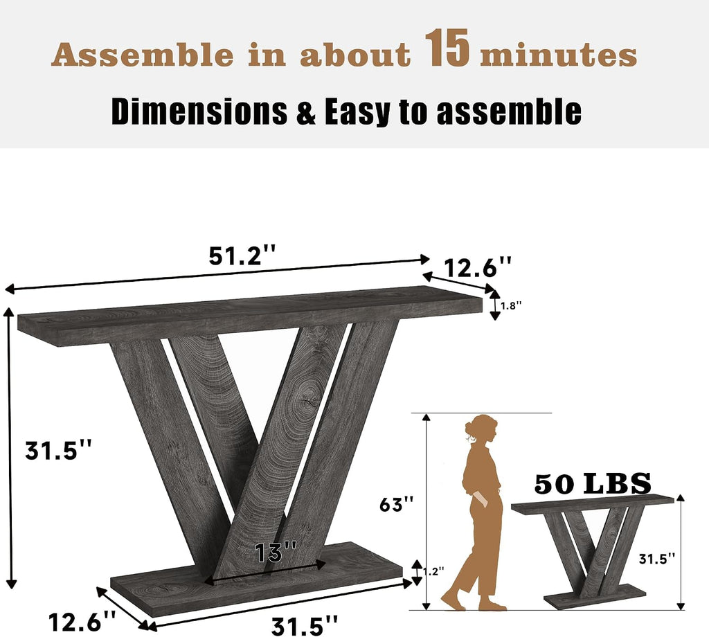 karlott 51" Console Table, V-Shaped Entryway Table, Wood Sofa Table Behind Couch, Grey