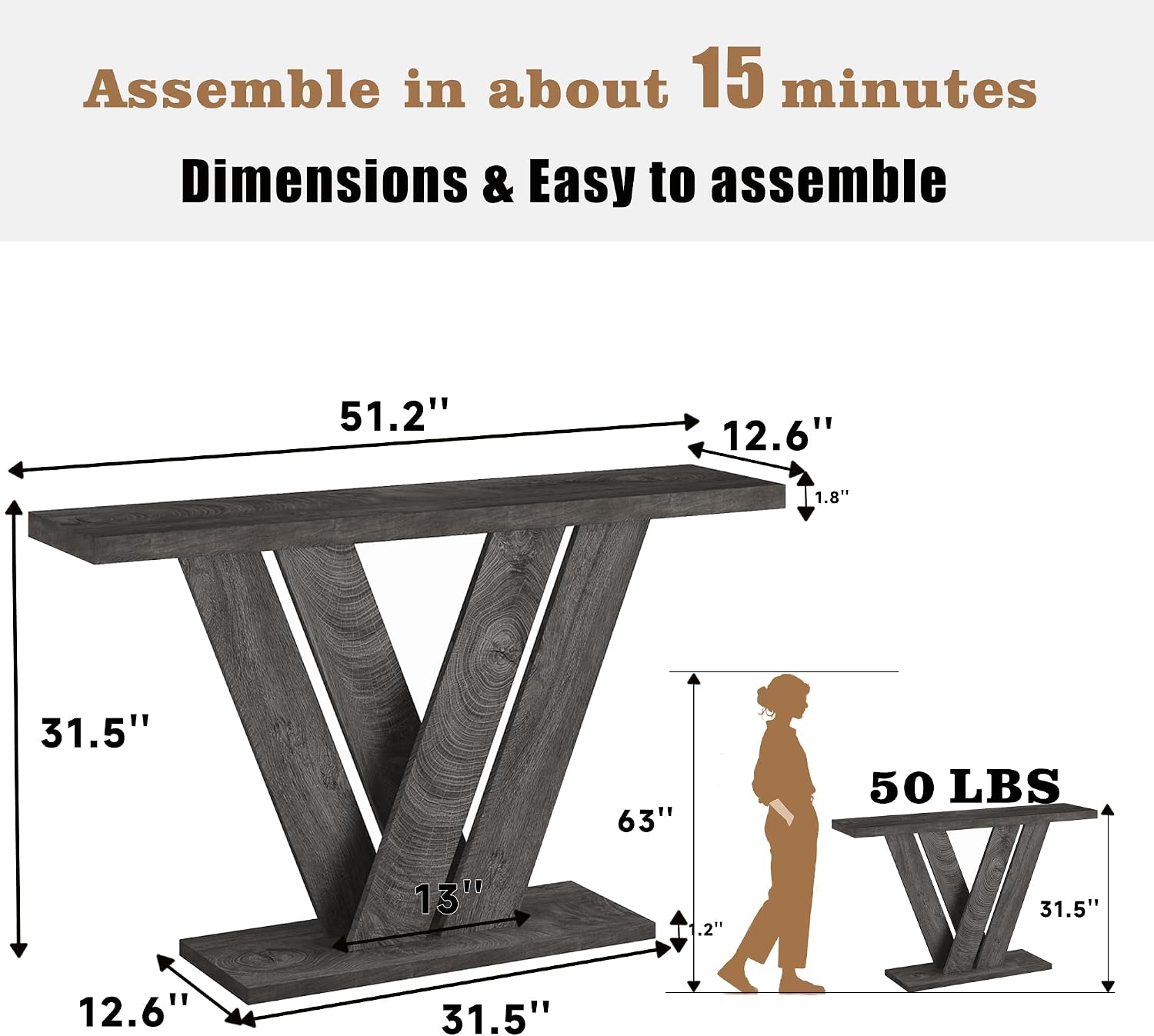 karlott 51" Console Table, V-Shaped Entryway Table, Wood Sofa Table Behind Couch, Grey