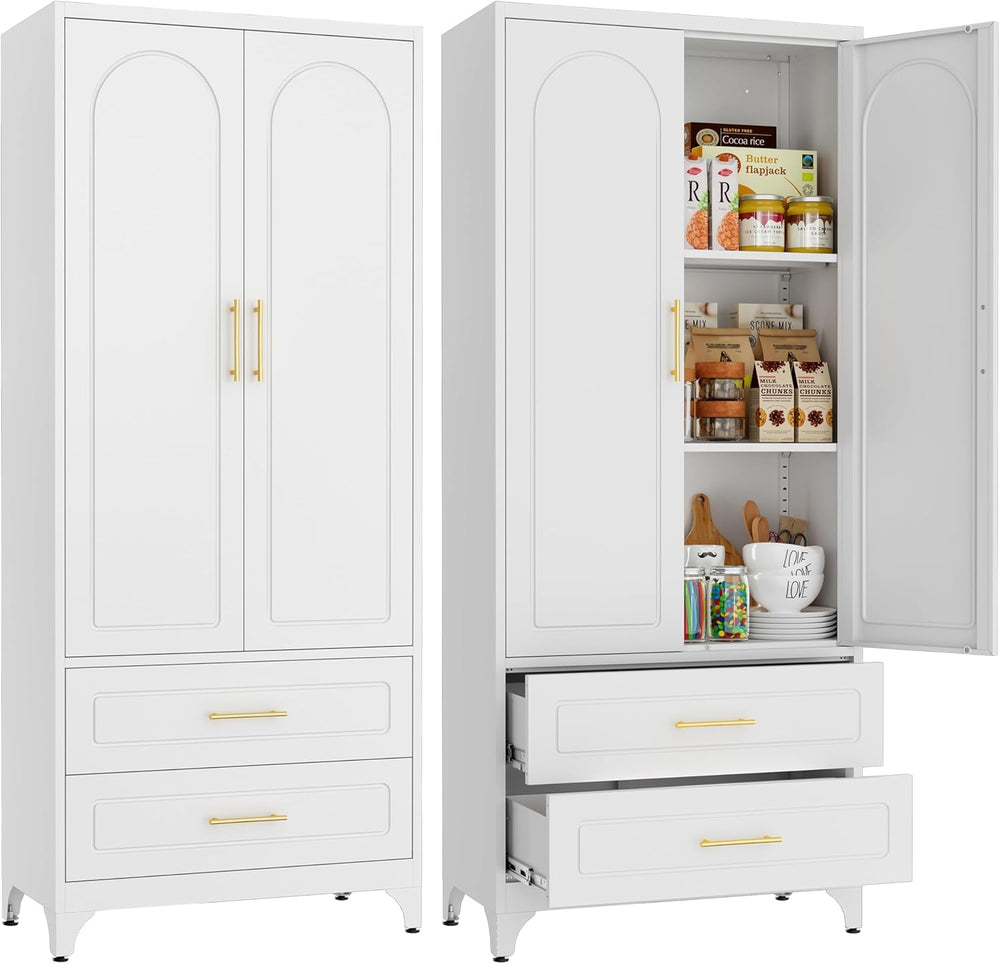 SteeLoong 75" Kitchen Pantry Cabinet,Metal Storage Cabinets with 2 Drawe...