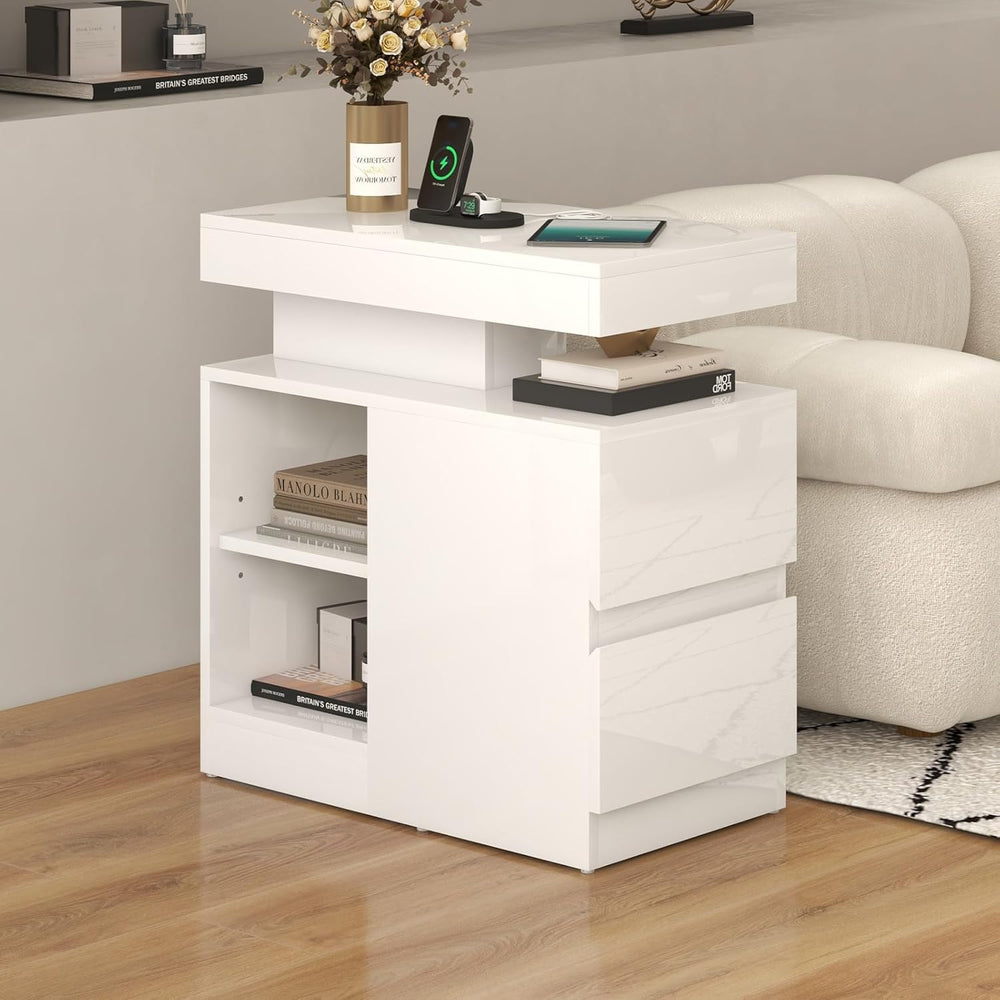 OC Orange-Casual LED End Table with Power Outlet, High Glossy Sofa Side Table...