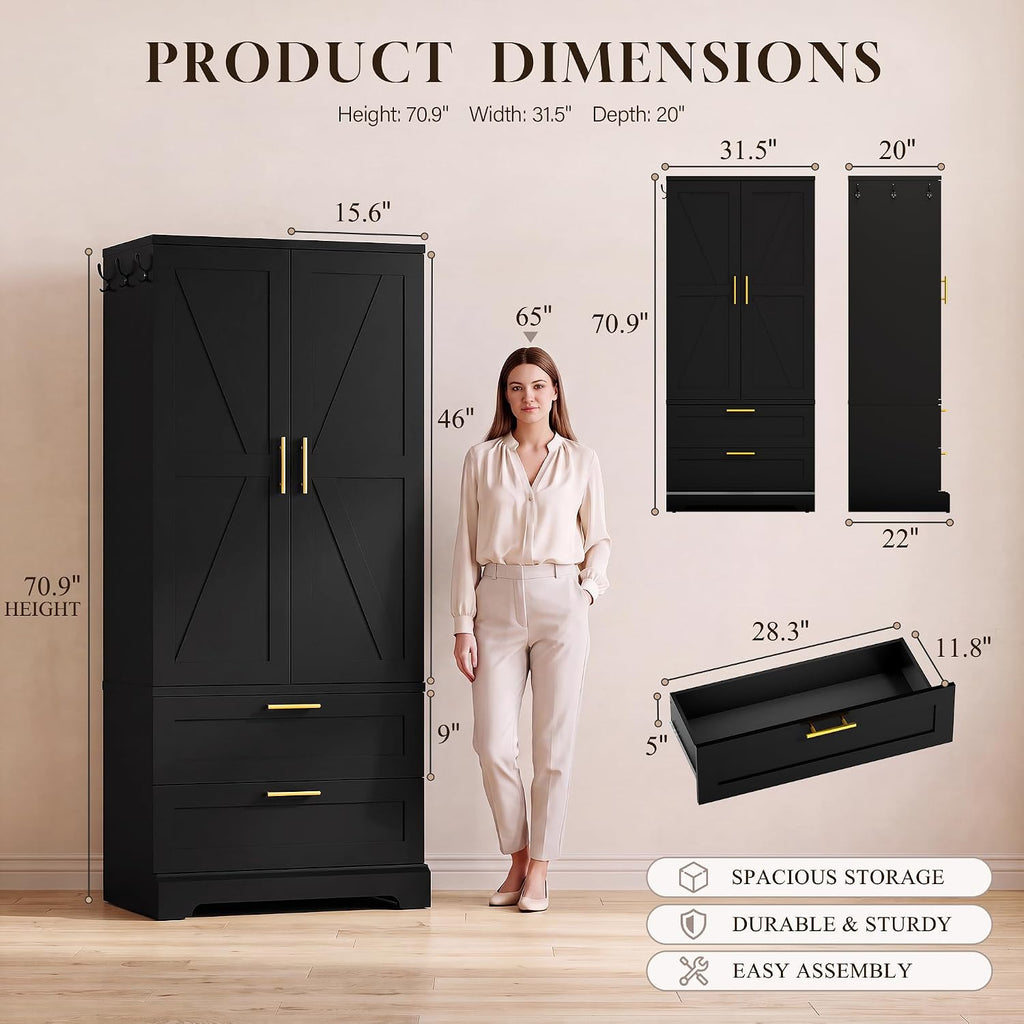 YESHOMY 70.9" Armoire Wardrobe Closet with Sensor Light, 2 Drawers (Black) | 20" Deep Design, Side Hooks, Soft-Close Hinges, Thickened Base Support