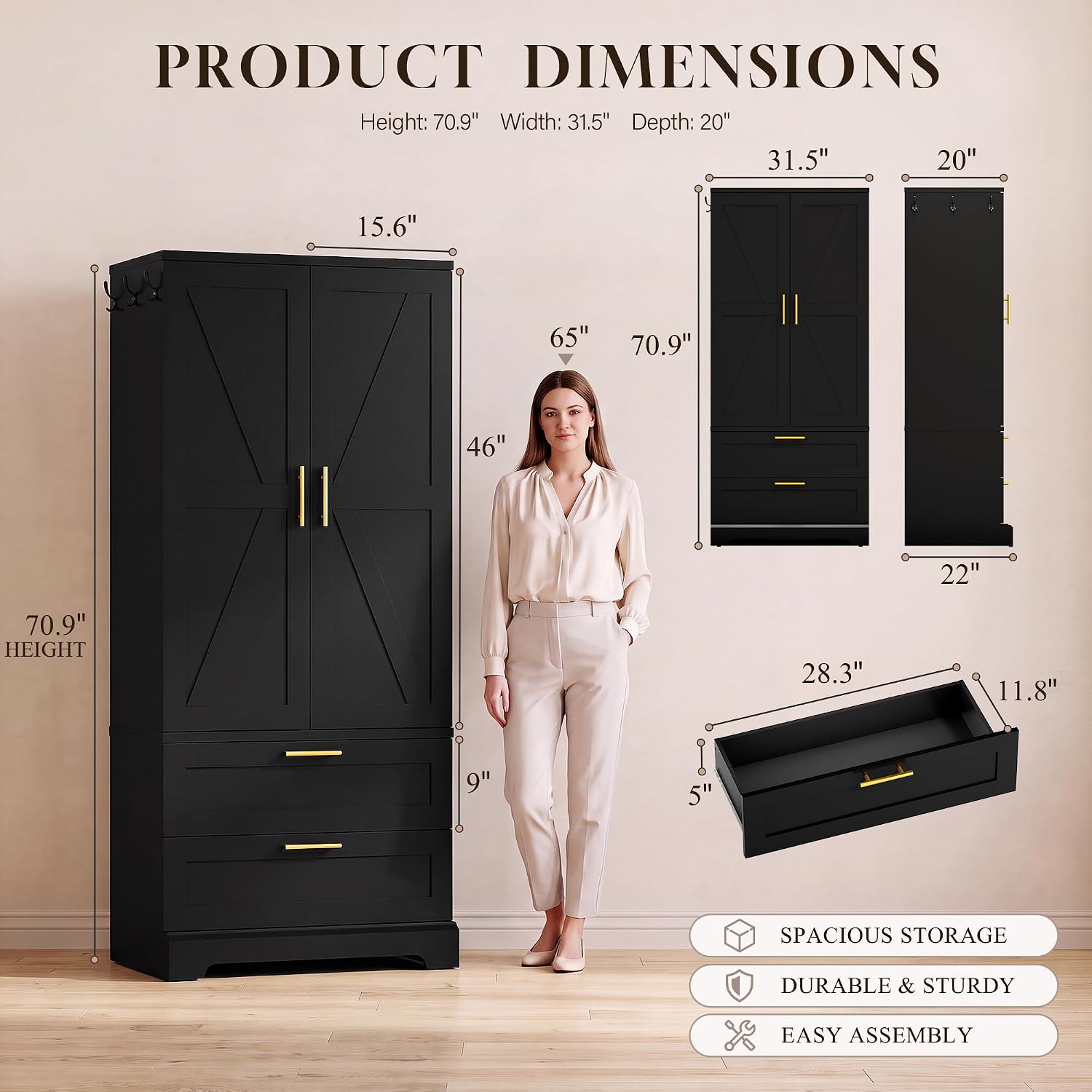 YESHOMY 70.9" Armoire Wardrobe Closet with Sensor Light, 2 Drawers (Black) | 20" Deep Design, Side Hooks, Soft-Close Hinges, Thickened Base Support