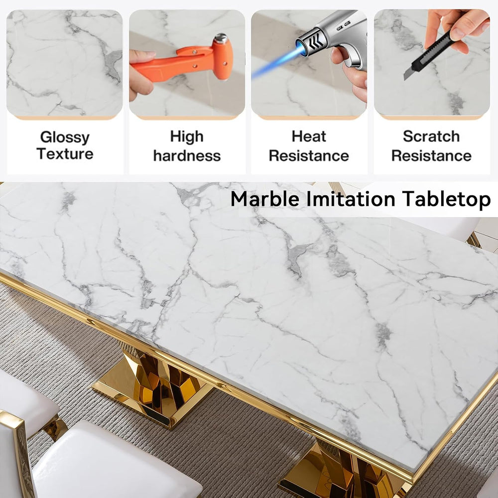 7 Piece Marble Dining Table Set for 6, Luxury Gold Kitchen Table and Chairs S...