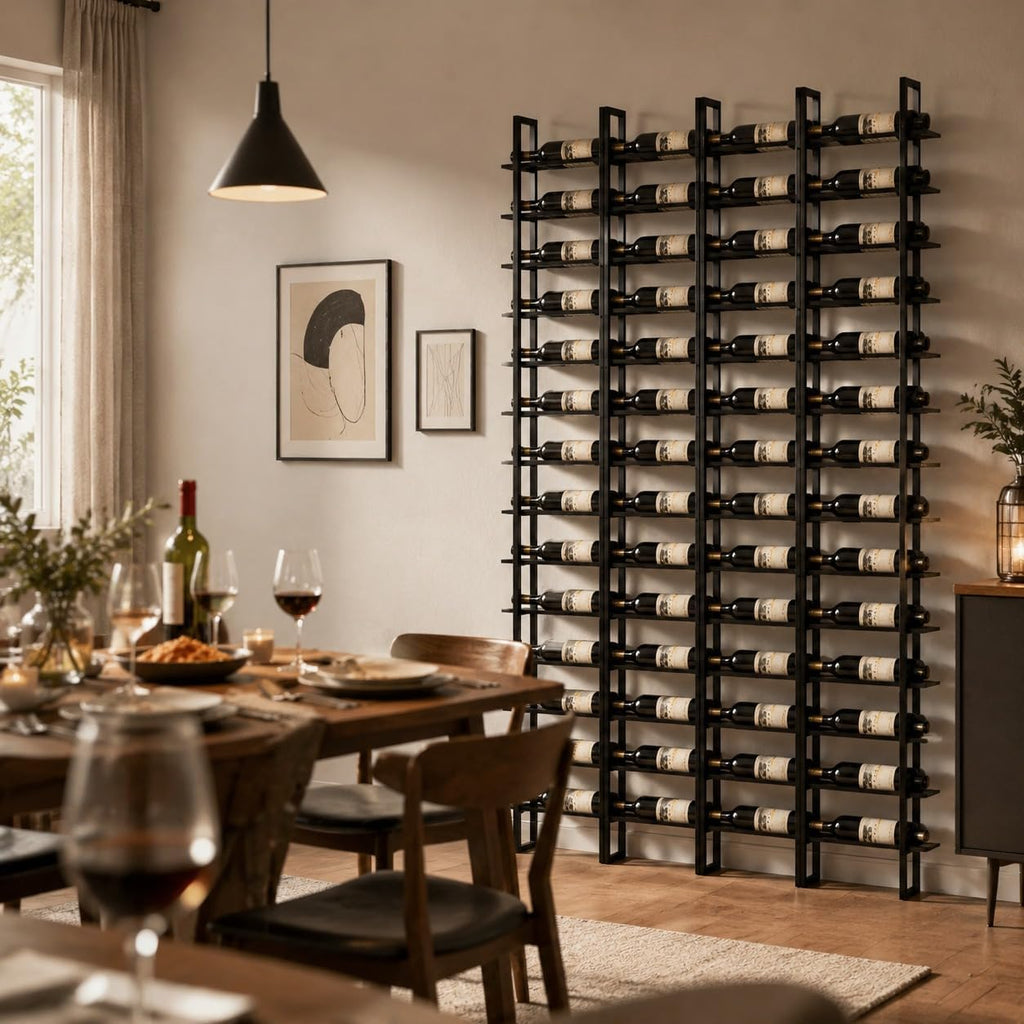 Large Wall Mount Wine Rack, 16 Tier 64 Bottle Wine Storage Organizer Display Holder, Metal Liquor Display for Wine Cellars, Home Bars, Kitchens, and Dining Rooms (Black, 64 Bottles)