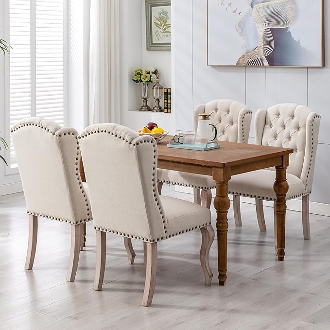 Upholstered Dining Chairs Set of 4 for Kitchen and Dining Room, Farmhouse Fabric Tufted Accent Chairs for Living Room and Bedroom with Wooden Legs, Cream