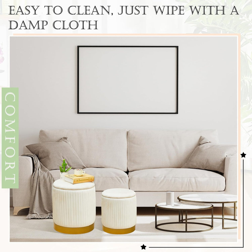 Barydat 2 Pcs Round Ottoman with Storage White Velvet Storage Ottoman Stool w...