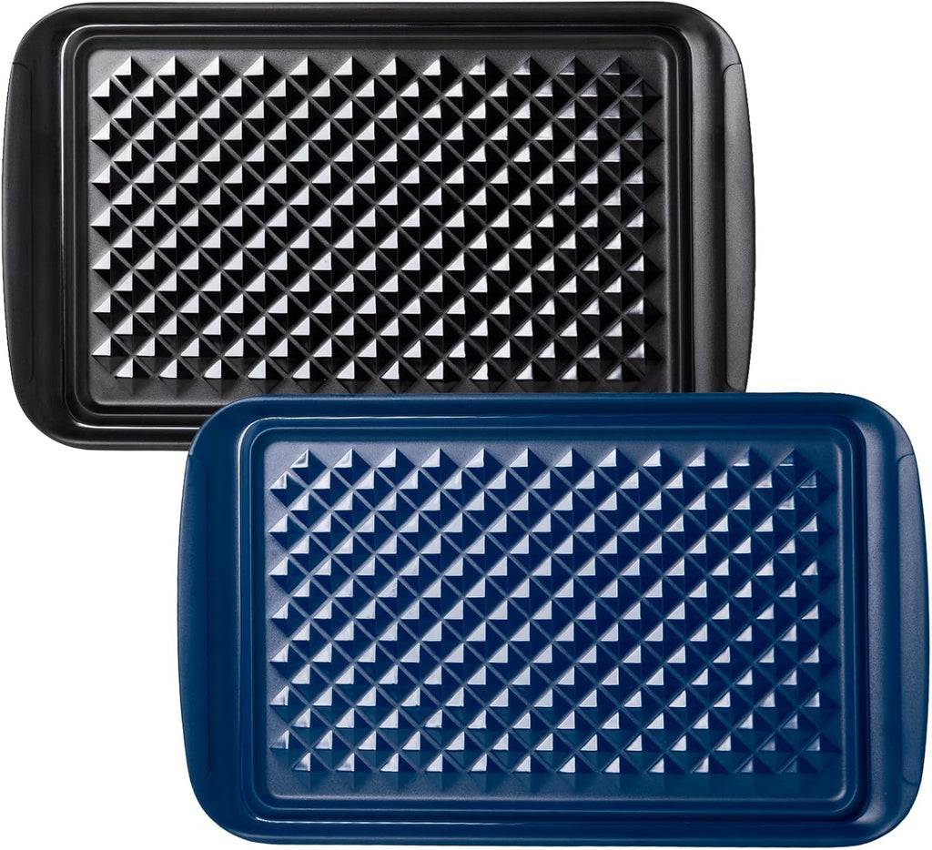 Melamine Grilling Prep and Serve Trays, Set of 2 Melamine Rectangular Serving Trays/Platters with Handle for Outdoor Parties and BBQ, Dishwasher Safe Food Tray,17''x10.5''. Blue and Black