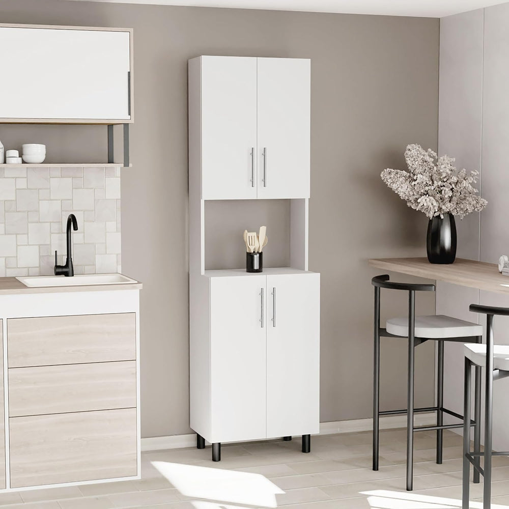 76.8" White Double Door Storage Cabinet: Modern Kitchen Pantry with Open...