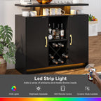 Wine Bar Cabinet with Power Outlet and LED Light, Coffee Bar Cabinet with Wine Rack, Storage Shelves and Cabinets, Large Space Liquor Cabinets for Kitchen Dining Room Living Room, Black