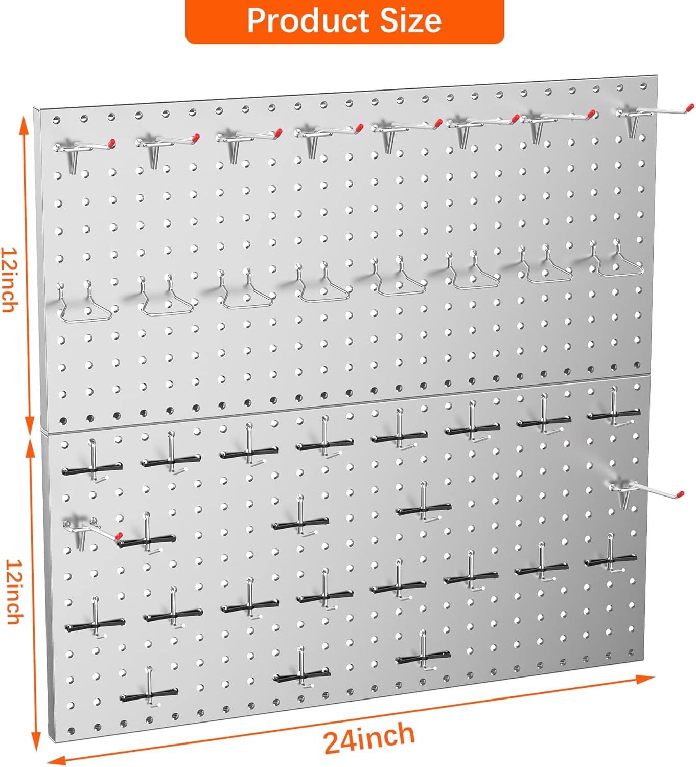 TORACK Metal Pegboard Wall Tool Organizer 24" x 24" or 12" x 48", 70 PCS Tools Storage Pegboard for Garage Peg Board Tool Organizer Board with Hooks for Workbench(Grey)