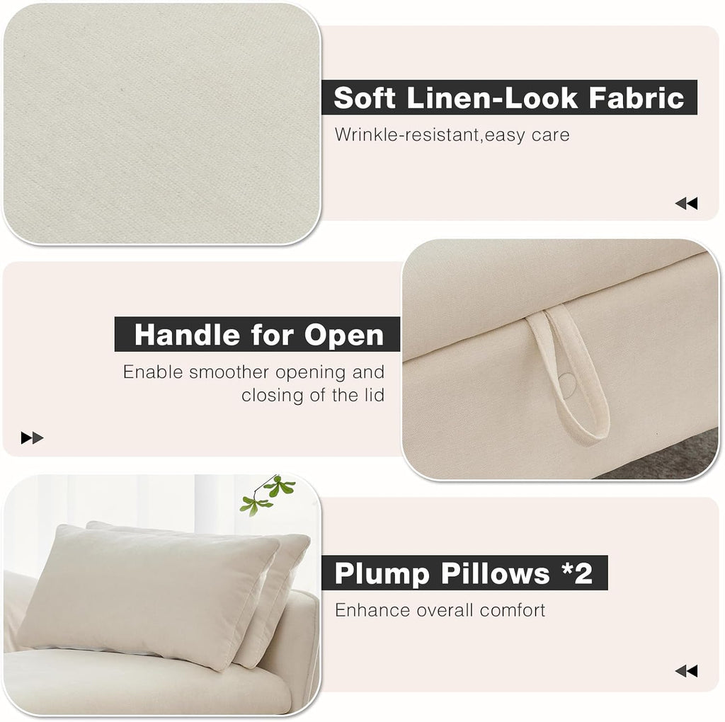 67"End of Bed Storage Bench King Size,Upholstered Bedroom Bench,Beige | Linen Storage Bench for Bedroom End of Bed ,2 Cushion, Vintage Wood Legs ,Tufted,Storage Ottoman Bench for Entryway Window