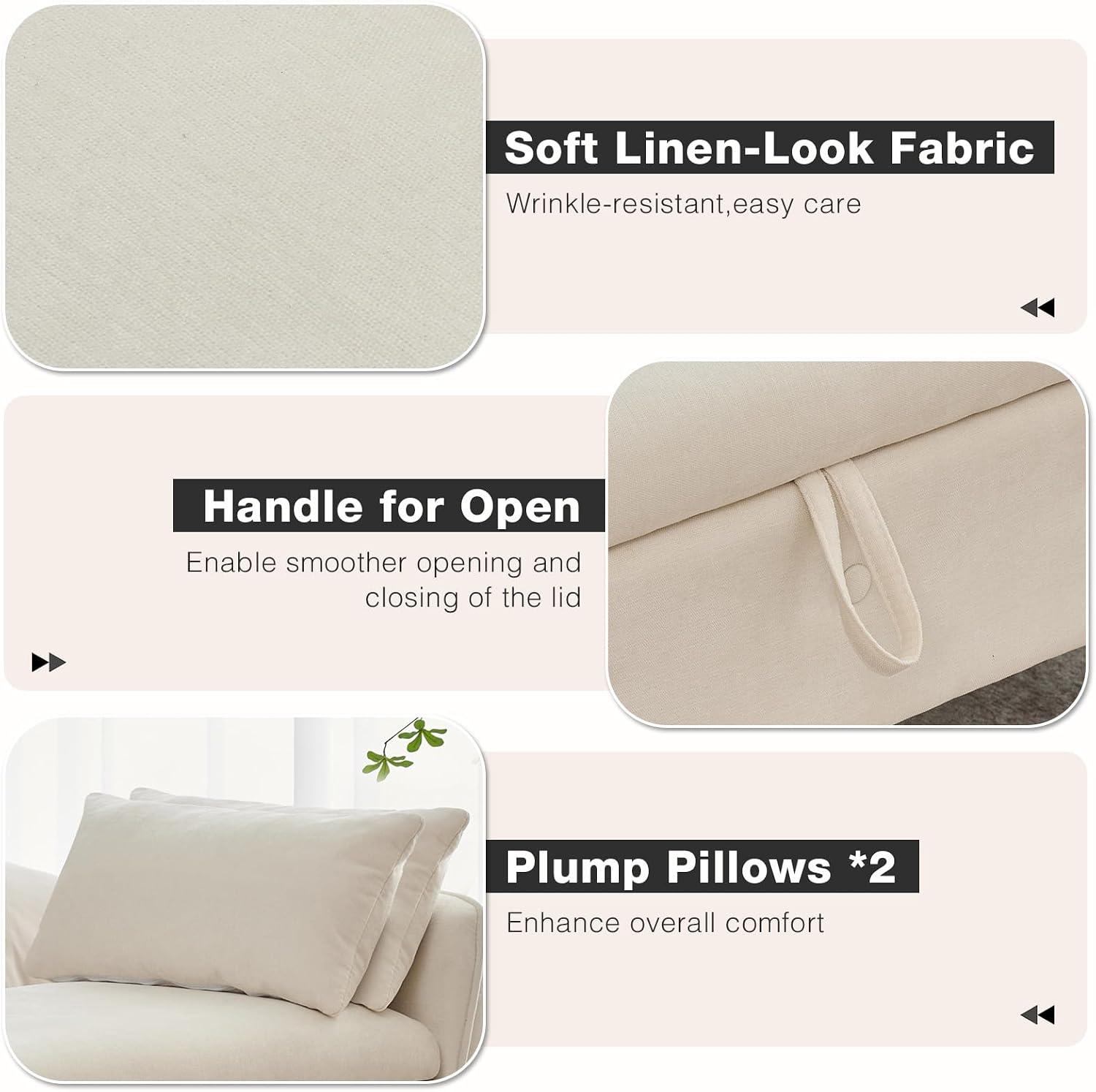 67"End of Bed Storage Bench King Size,Upholstered Bedroom Bench,Beige | Linen Storage Bench for Bedroom End of Bed ,2 Cushion, Vintage Wood Legs ,Tufted,Storage Ottoman Bench for Entryway Window