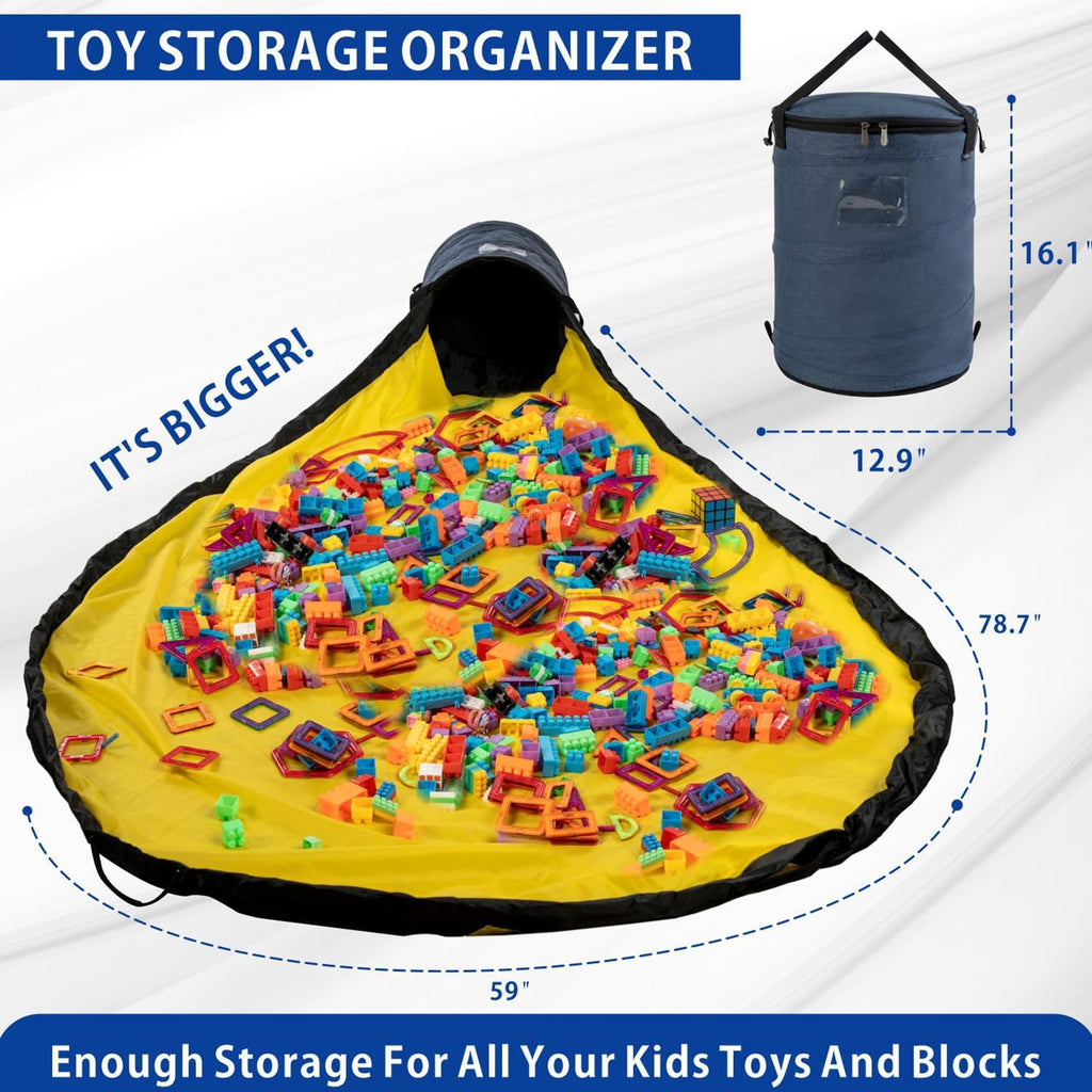 Toy Storage Organizer & Play Mat for Kids - Foldable Bin Toys Box Holds Rooms, Building Bricks Toy Storage Basket, Foldable Fabric Bag for Nursery (blue)