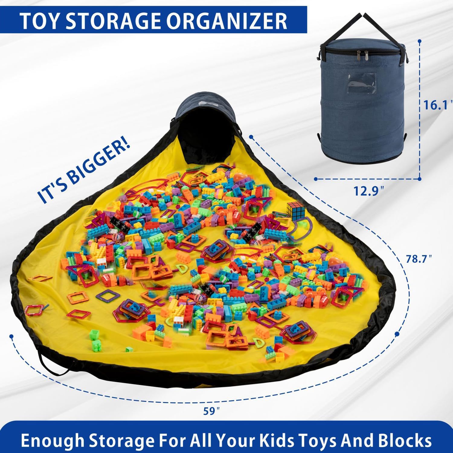 Toy Storage Organizer & Play Mat for Kids - Foldable Bin Toys Box Holds Rooms, Building Bricks Toy Storage Basket, Foldable Fabric Bag for Nursery (blue)