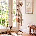 AMADA Solid Wooden Coat Rack Freestanding with 8 Hooks, Walnut | 100% solid wood, 3 height options, widened base for stability, tool-free assembly, smooth rods & hooks prevent clothing snags