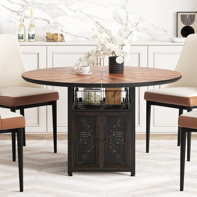 47" Round Dining Table Set for 4-6 People, Large Farmhouse Kitchen Dining Table Set with Chairs and Storage Rack, Metal Base Round Table for Home Dining Room Living Room (Cat table and 2 brown chairs)