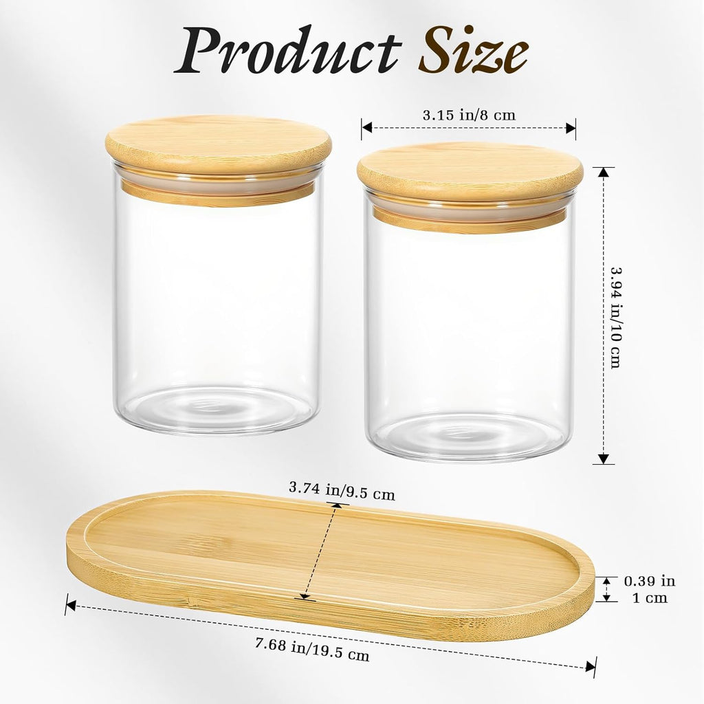 Luxspire Glass Qtip Holder with Vanity Tray, 2 Pack Cotton Swab Holder with Bamboo Lid, 13.4 oz Glass Apothecary Jars Bathroom Accessories Canisters for Cotton Swabs, Balls, Pads, Floss Picks