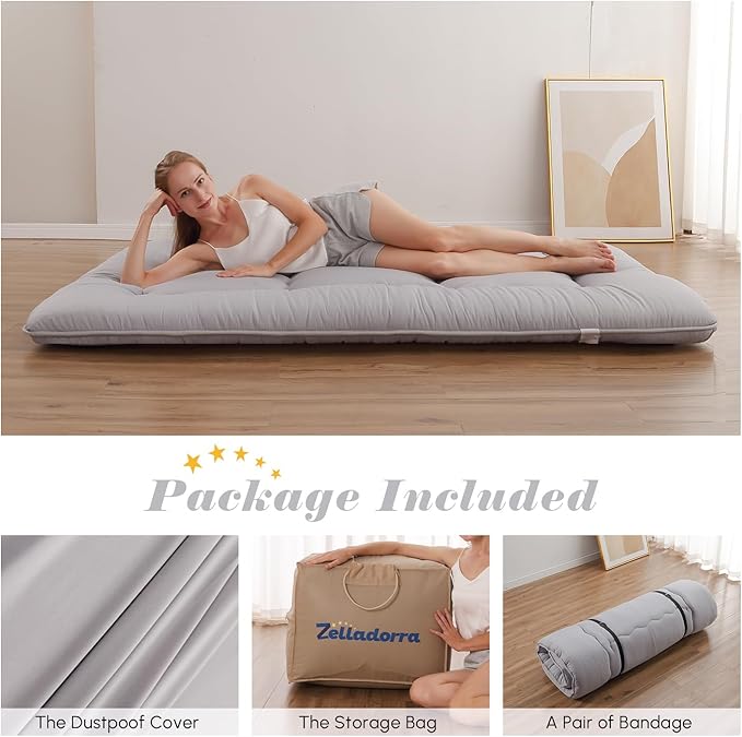 Japanese Floor Mattress, Futon Mattress with Storage Bag and Washable Cover, ...