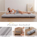 Japanese Floor Mattress, Futon Mattress with Storage Bag and Washable Cover, Roll Up Tatami Mat Suitable for Guest Room, Grey, Full