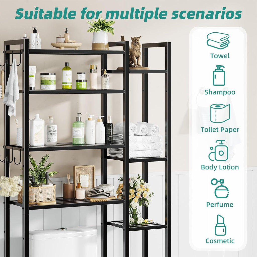Simple Trending 8 Tier Over The Toilet Storage with Side Rack, Bathroom Organizer Metal Shelves for Towels, Black